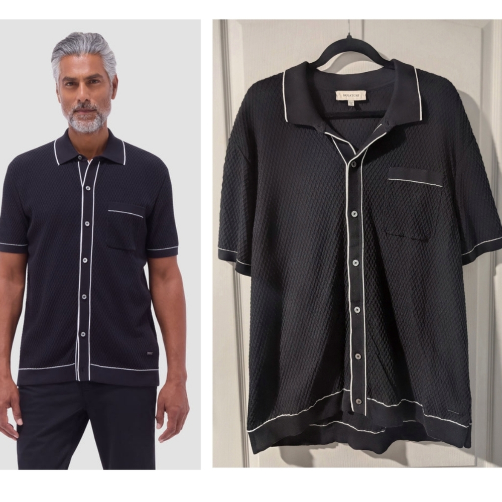 Bugatchi | Textured Geometric Short-Sleeve Knit Shirt In Black